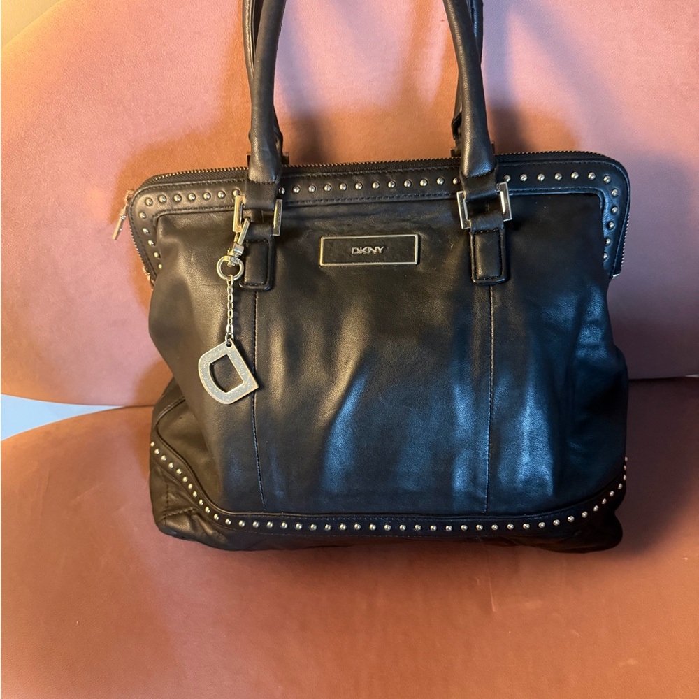 DKNY Black Leather Studded Satchel with Charm